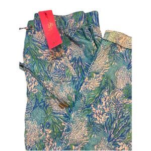 NWT Lilly Pulitzer Small Aqua Strong Current Sea TARON LINEN PANTS Mid-Rise 31"